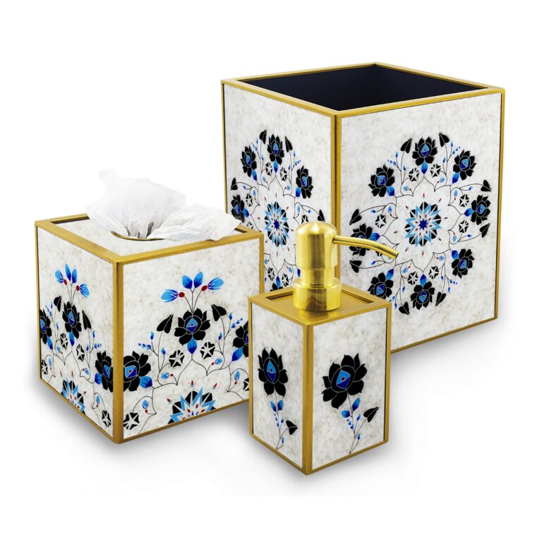 Bathroom accessory - Blue flowers on white marble background