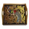 Square serving tray - Colorful Peacock with Old Gold Leaves and Black Background