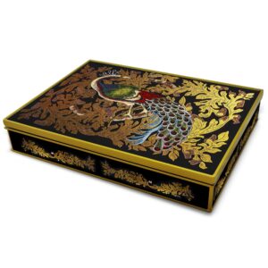 Jewelry case - Colorful Peacock with Old Gold Leaves and Black Background