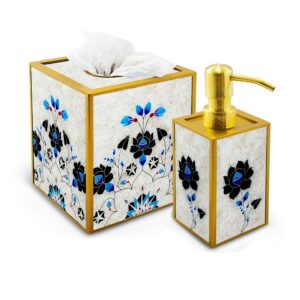 Bathroom accessory - Blue flowers on white marble background