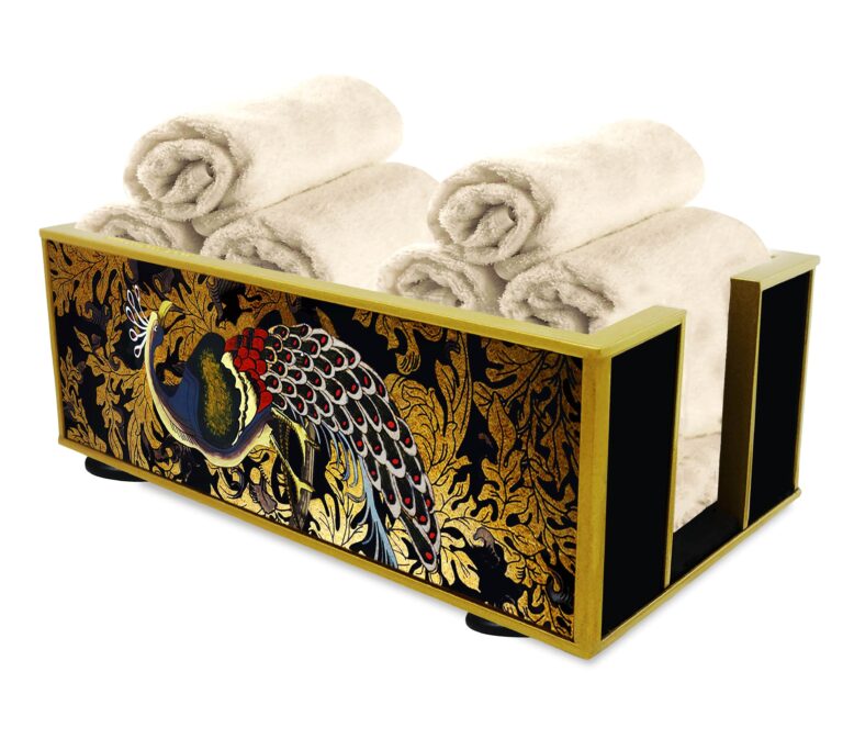 Towel Holder - Colorful Peacock with Old Gold Leaves and Black Background