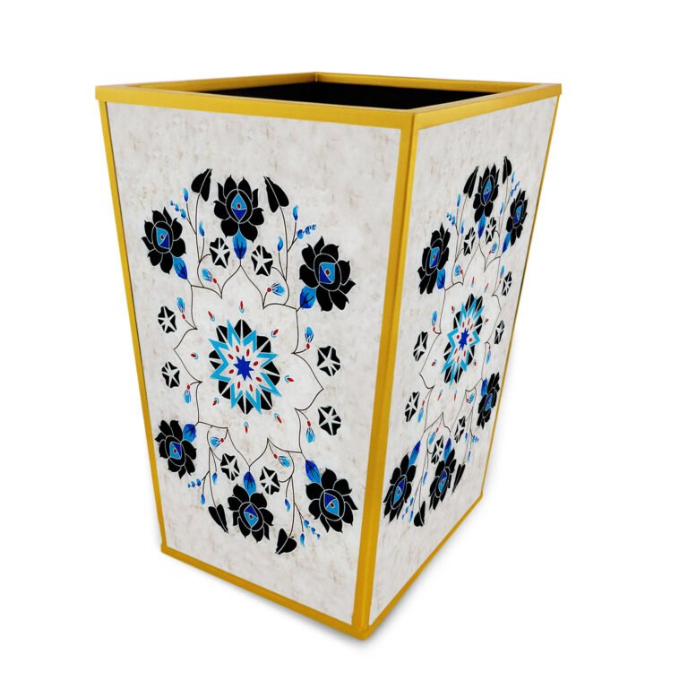 Decorative trash bin - Blue flowers on white marble background