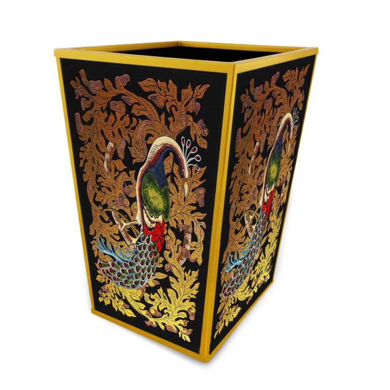 Wood garbage can - Colorful Peacock with Old Gold Leaves and Black Background