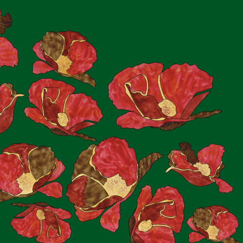 red poppies green background