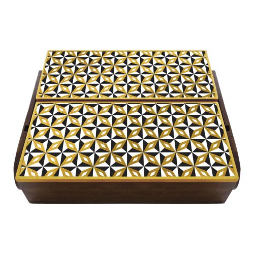 Cutlery box with lid - Black and white stars with gold lines